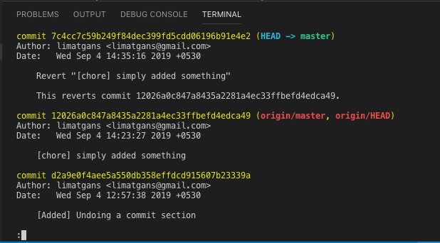 git log after reverting